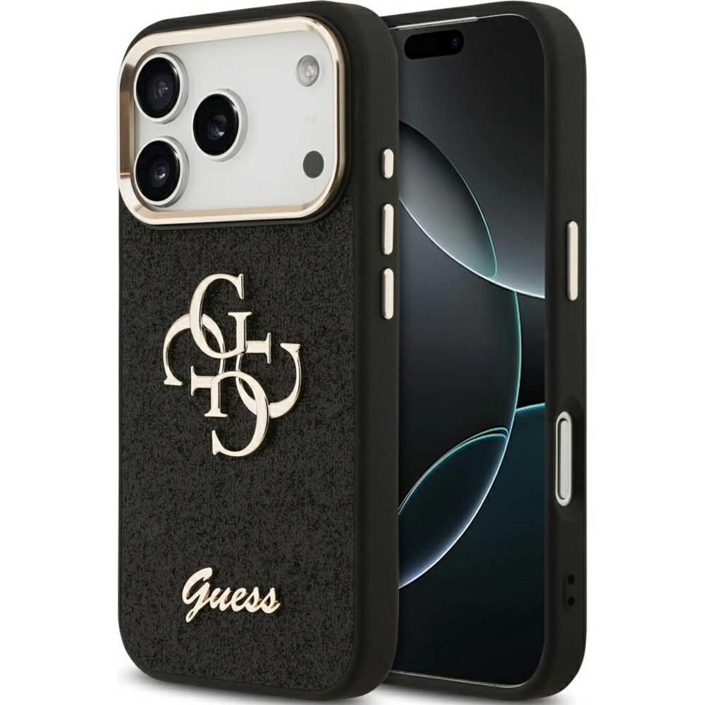 Etui Guess Fixed Glitter Big 4G Metal Frame do iPhone 17 Pro, czarno-brokatowe